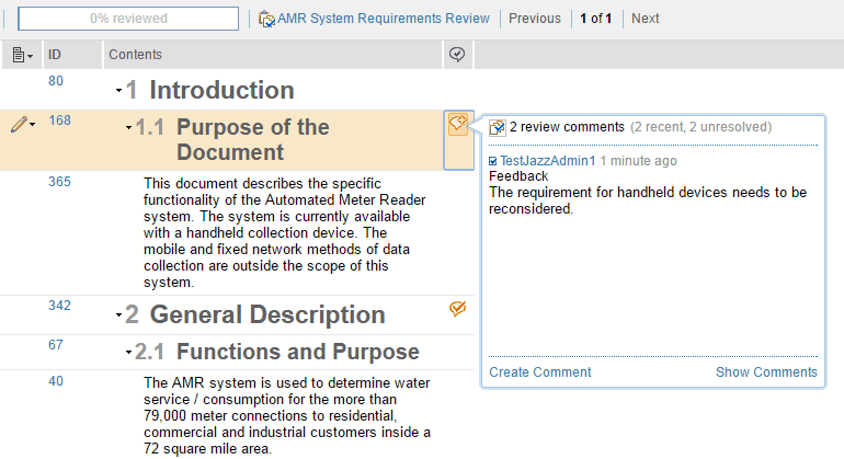 Review comments on a requirement within a module