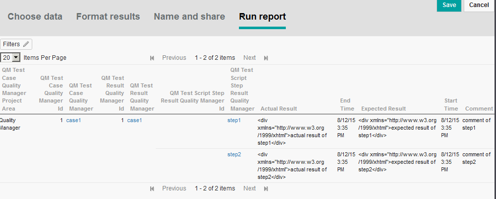 Report for a test case, test result, and test script step result