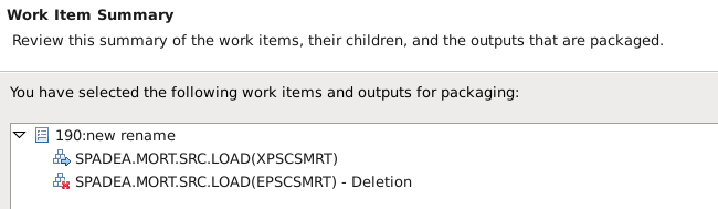 Work item packaging wizard showing a renamed file's outputs