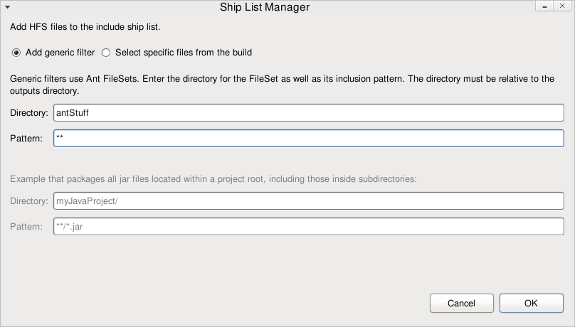 Image of the package definition ship list add dialog box