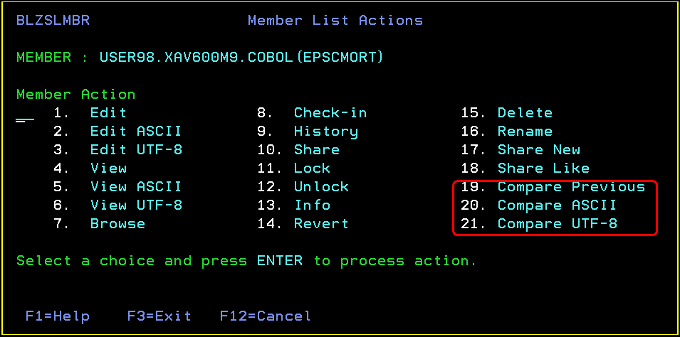 Select the compare with previous action you want to run on the selected member 
