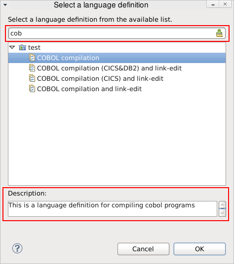 Language Definition Selection Dialog with filter and description