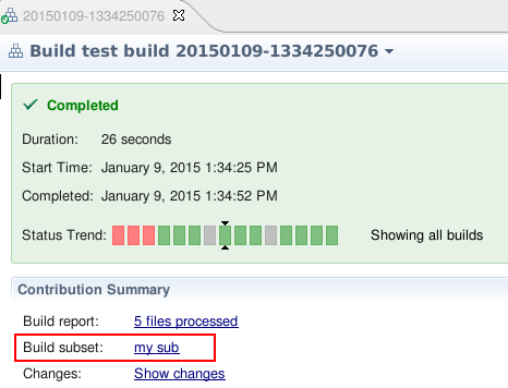 The build subset displayed in the build result editor